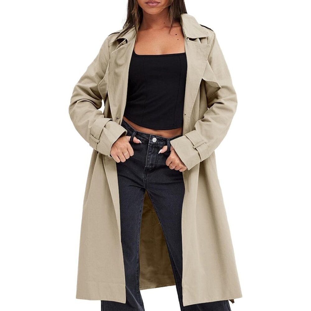 🆕Women's Khaki Double-Breasted Trench Coat, Casual Windproof Overcoat with Belt